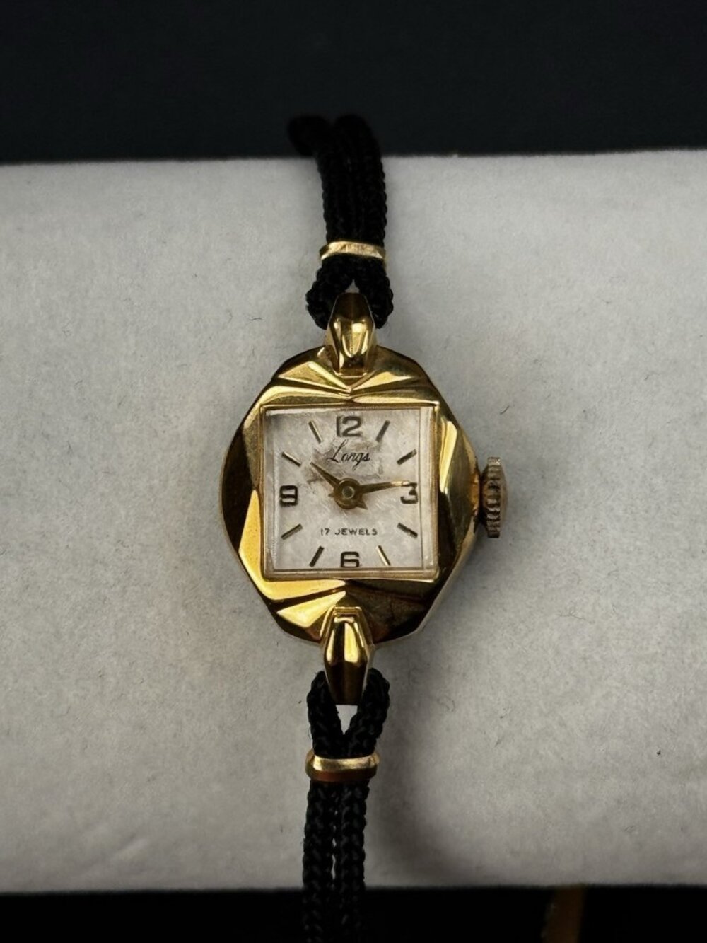 Longs 17 Jewel Swiss Ladies Manual Wind Watch Black Cord Bracelet